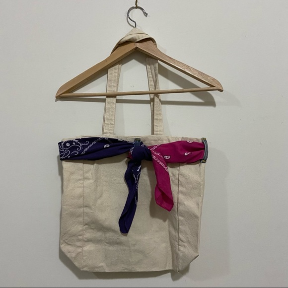 Handmade Denim Jeans Pocket Pink and Purple Bandana Tote Bag - Picture 2 of 6